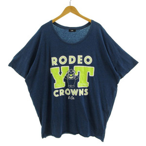 RODEO CROWNS WIDE BOWL RCWB ワンピース 五分袖 ひざ丈 裾カットオフ ロゴプリント オーバーサイズシルエット 青系 蛍光グリーン 白 F