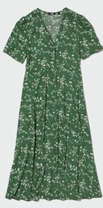 美品★UNIQLOプリントVネックフレアワンピース（半袖）GREEN, S