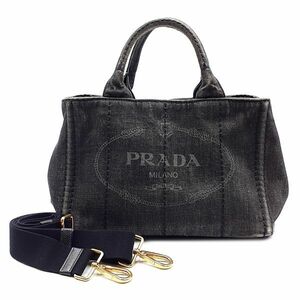 ◆美品◆ プラダ PRADA ハンドバッグ ショルダーバッグ 鞄 2WAY カナパ ロゴ デニム キャンバス チャコールグレー系 01-24101103-A