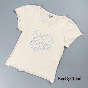 美品 See by Chloe シーバイクロエ ロゴプリント半袖カットソー パフスリーブ Tシャツ トップス レディース ピンク 白 黒 サイズXS*QC725