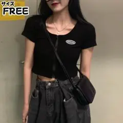 Tシャツ ショート丈 ブラック フリーサイズ 韓国ファッション レディース 半袖