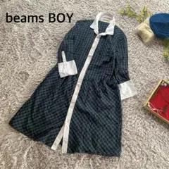 BEAMS BOY ビームスボーイM シャツワンピ ロング チェック緑 七分袖