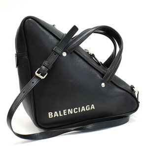 1円 ◆美品 BALENCIAGA バレンシアガ 2way ハンドバッグ ショルダー トライアングルダッフル レザー ブラック◆E.Cisu.hP- 07