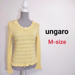 U by ungaro ビーズ&立体フラワー飾り コットンニット ライトイエロー 表記サイズM 春カラー クロシェ80337