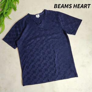 BEAMS HEART ブロックチェック・Vネック半袖Tシャツ・ネイビー3468