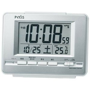 セイコー PYXIS ピクシス 電波時計 目覚し時計 NR535W 電子音 温度表示 日付 銀色メタリック塗装 デジタル