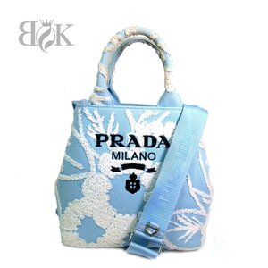 希少 プラダ ドリル 2WAY トートバッグ 1BA343 キャンパス 三角ロゴプレート ブルー系 肩掛け 付属品 PRADA ◆