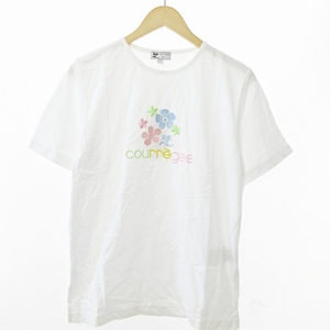 未使用品 クレージュ courreges タグ付き オールド Tシャツ カットソー 半袖 ロゴ フラワー 刺繍 L 白 0919 ■GY09 レディース