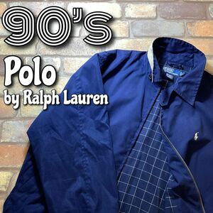 ★90’s★良品＆正規品【POLO by Ralph Lauren ラルフローレン】格子裏地 フェイクスウェード ドリズラージャケット【L】ネイビー K3-285