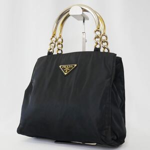 【極美品 ゴールド金具】PRADA プラダ ハンドバッグ トートバッグ メタルハンドル ナイロン ブラック デカロゴプレート 肩掛け ショルダー