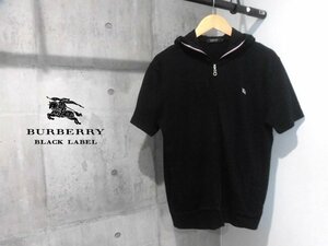 BURBERRY BLACK LABEL バーバリーブラックレーベル ロゴ刺繍 半袖 スウェット ジップパーカー 3/ZIPフーディ/黒 ブラック/メンズ/三陽商会