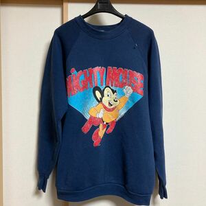 【希少】80s FRUIT OF THE LOOM フルーツオブザルーム MIGHTY MOUSE ビンテージスウェット ネイビー Lサイズ USA製 古着 アメカジ