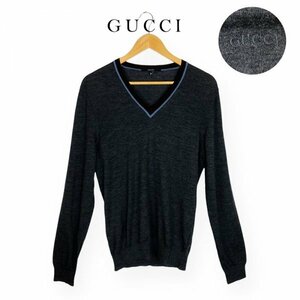 ★美品/高級生地★ GUCCI グッチ ウール100％ ロゴ刺繍 ライン バイカラーVネック ニット セーター Mサイズ チャコールグレー イタリア製