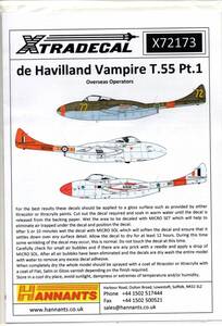 1/72　エクストラデカール　X72173　Description:de Havilland Vampire T.55　Overseas Operators Part1