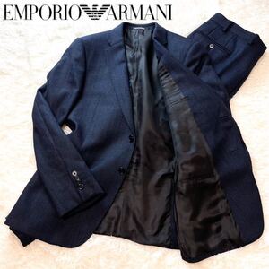 【極美品/希少XXLサイズ】EMPORIO ARMANI エンポリオアルマーニ スーツセットアップ 上下 ヘリンボーン柄 黒タグ 現行MLINEネイビー 2XL 52