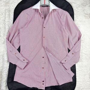 1円 美品 M~L グッチ GUCCI 長袖 クレリックシャツ ドレスシャツ ストライプ ロゴボタン メンズ レッド 38/15