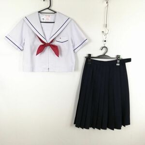 1円 セーラー服 スカート 上下3点セット 大きいサイズ カンコー 夏物 青1本線 女子 学生服 大阪住吉第一中学 白 中古 ランクB NA9976