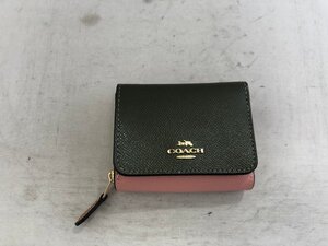 【COACH】コーチ　折財布　モスグリーン×ピンク　レザー　SY02-EXF