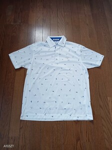 【中古品】TOURSTAGE　ツアーステージ　GOLFWEAR　半袖ポロシャツ　ホワイト地GOLF模様　速乾性素材　メンズ　サイズ　Ｌ