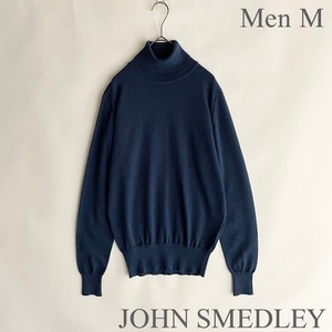 【美品】JOHN SMEDLEY イギリス製 ジョンスメドレー ハイゲージ タートルネック ニット メリノウール 定番 セーター ブルー系 size M sk