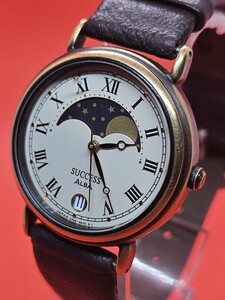 稼働品 セイコー アルバ SEIKO ALBA SUCCESS デイト ムーンフェイズ メンズ腕時計 ケース幅33ミリ(リューズ込み) 電池交換済 G1496