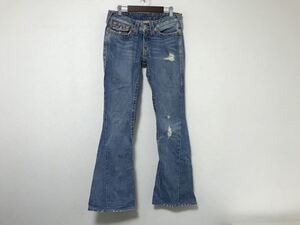 本物トゥルーレリジョンTRUERELIGIONコットンブーツカットダメージ加工デニムパンツレディースサーフアメカジ青ブルーアメリカ製28