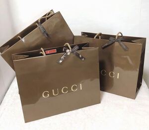 グッチ「GUCCI」ショッパー 3枚組 旧型 (2441) 正規 付属品 ショップ袋 ブランド紙袋 ブラウン ツヤあり バッグ用 折らずに配送 わけあり