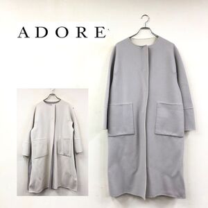 1I2852-K◆ADORE アドーア リバーシブルロングコート◆size36 グレー×オフ白 ノーカラー サイドスリット キレイめ アウター カシミヤ混