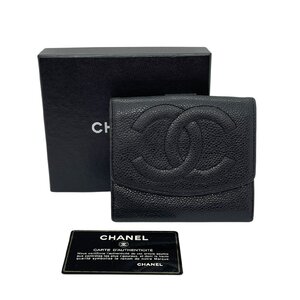 USED CHANEL シャネル キャビアスキン Wホック コンパクトウォレット ブラック レディース ココマーク ギャランティカード付