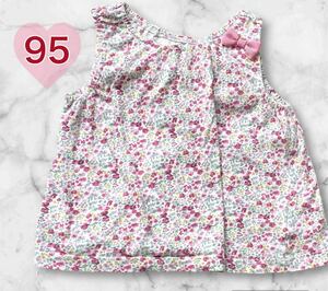 ピンク系小花柄ブラウス　95 可愛い　涼しい　着やすい　リボンがポイント　タンクトップ 女の子 ノースリーブ 総柄 子供服 トップス 