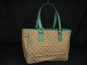 1円 ■美品■ GUCCI グッチ 113017 GG柄 GGキャンバス×レザー トートバッグ ハンドバッグ レディース ベージュ系×グリーン系 AX7698