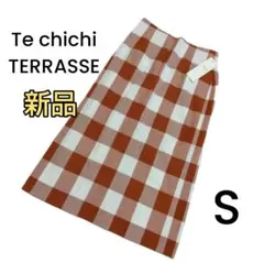 【新品Te chichi TERRASSE】オレンジ チェック ロングタイト S