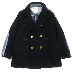 美品▼サカイ 20-02378M Wool Melton Denim Coat ドッキング デニム レイヤードデザイン ピーコート ネイビー 1 日本製 正規品 メンズ