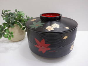 平安 象彦 大門重 二段重 重箱 紅葉桜紋 黒漆 丸重 漆器 お正月 お節料理 お弁当 和食器 美品