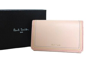 新品未使用 正規品 ポールスミス Paul Smith 名刺入れ ストライプステッチ 牛革 ピンク 刺繍 箱あり PWD612-24