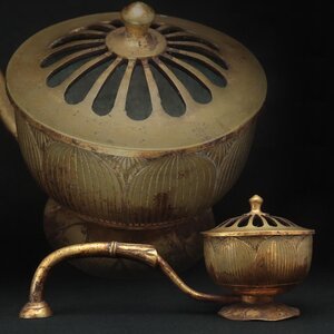 EW926 時代仏教美術 古銅 金銅蓮華型柄香炉 幅24.5cm 重610g 木箱附・蓮華形柄香炉・荷花形柄香爐 江戸時代