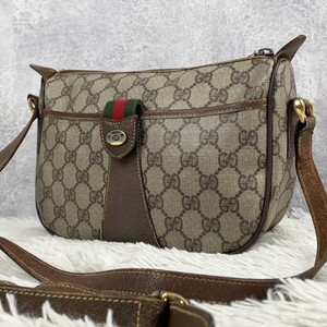 美品 OLD GUCCI オールドグッチ シェリーライン インターロッキング ショルダーバッグ クロスボディ 斜めがけ 肩掛け PVC レザー GG 茶