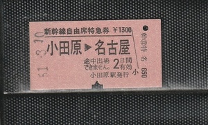 国鉄東京印刷 小田原＞名古屋 赤地紋 新幹線自由席 硬券特急券 下パンチ券 