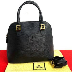 極 美品 希少品 FENDI フェンディ FF ロゴ 金具 エピレザー 本革 2way ハンドバッグ ミニ トートバッグ ショルダーバッグ ブラック 22034