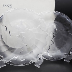 【元箱あり】 ラリック LALIQUE シェーヌ Chene プレート 22.5cm 2枚 クリスタル フロストガラス 木の葉 樫の葉 レリーフ ペア #1