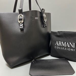 1円 ARMANI COLLEZIONI アルマーニ コレッツィオーニ レザー トートバッグ ハンドバッグ肩掛け レディース 黒色 ポーチ付き 正規品本物