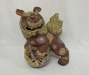 【骨董】九谷 玉乗り獅子 唐獅子 赤獅子 色彩彩色 魔除け 縁起物 置物