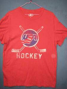 ⑤ USA古着 サイズL 前USA HOCKEY 薄赤色半袖フレンチTシャツ