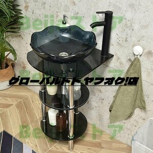 新入荷 洗面台セット強化ガラス製洗面ボウル 手洗い鉢手洗い器 ウル排水付き 置き場付き 自立型 スタンド付き 架台付き（B） S1277