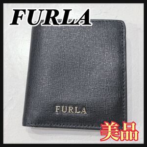 ☆美品☆ FURLA フルラ 二つ折り財布 折り財布 財布 コンパクト財布 ミニウォレット ブラック レザー シンプル 無地 レディース 送料無料