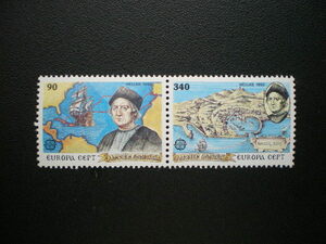 ギリシャ発行 帆船と地図や発見者コロンブスなどアメリカ発見・ヨーロッパ切手 ２種連刷 ＮＨ 未使用