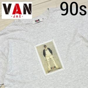 90s■VAN JAC■MEN OF THE DAY 異素材ワッペン Tシャツ M 杢グレー ヴァンヂャケット VAN JACKET シングルステッチ ヴィンテージ オールド