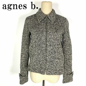 LA9206 アニエスベー ジップアップジャケット 濃紺×白 ウール混 agnes b. ダークネイビー ホワイト 裏地あり ミックスカラー 38