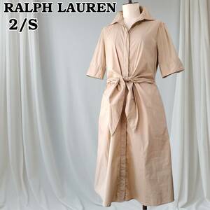 ラルフローレン 綿ポリ　ストレッチ フロントリボンシャツワンピース 2/S-M　ベージュ RALPH LAUREN 240714-07