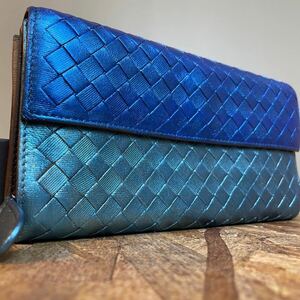 ★一円【美品！希少！】 BOTTEGA VENETA ボッテガヴェネタ イントレチャート ロングウォレット　長財布　男女　　二つ折り ブルー系